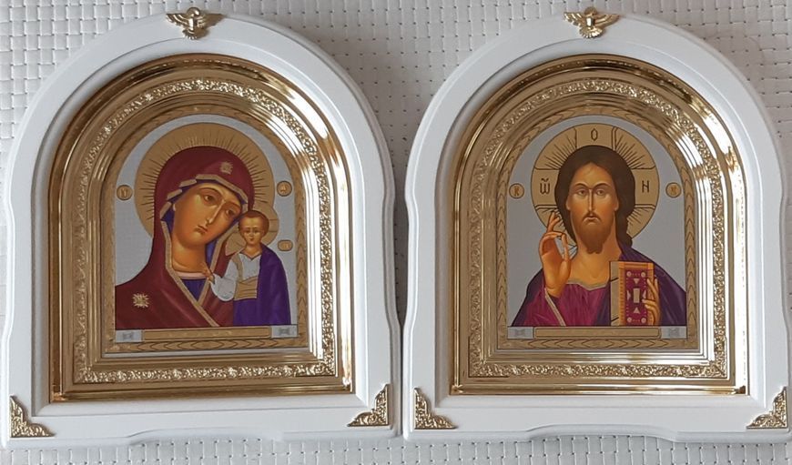 Икона венчальные Спаситель П.Б.Казанская в белом арочном киоте, размер киота 29*26см 5924-n фото